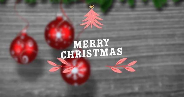 Overhead View Merry Christmas Text Red Baubles Wooden Table Digital — Stock Photo, Image
