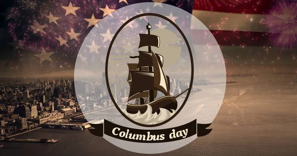 Многократное Обнажение Дня Колумба Символом Корабля Над Американским Флагом Прибрежным — стоковое фото