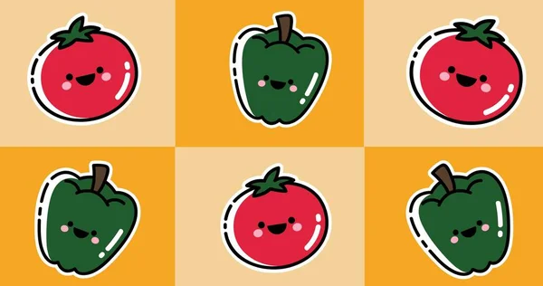 Διάνυσμα Εικόνα Χαμογελαστά Πρόσωπα Πράσινες Πιπεριές Και Ντομάτες Πορτοκαλί Φόντο — Φωτογραφία Αρχείου