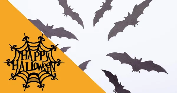 Compuesto Digital Texto Feliz Halloween Tela Araña Sobre Murciélagos Contra —  Fotos de Stock