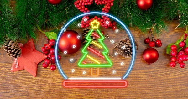 Overhead View Illuminated Neon Christmas Tree Symbol Decorations Table Celebration — Stock Photo, Image