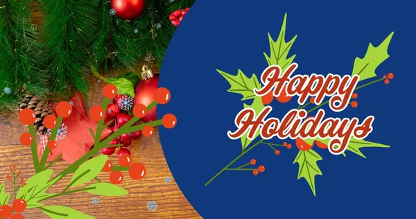 Digital Composite Image Happy Holidays Text Decorative Cherries Pine Needles — 图库照片