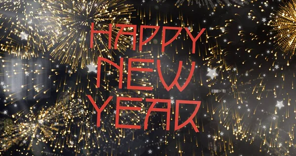 Digital Composite Image Happy New Year Red Text Exploding Fireworks — Stock Photo, Image