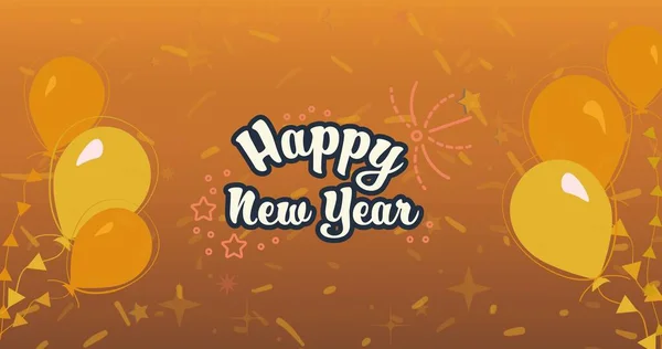 Digitální Kompozitní Obraz Šťastného Novoročního Textu Bílém Uprostřed Konfet Balónků — Stock fotografie