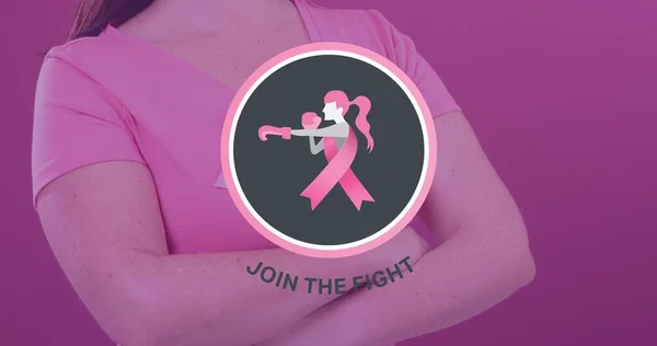 Samengesteld Beeld Van Vrouw Met Borstkanker Bewustzijn Slogan Tegen Roze — Stockfoto