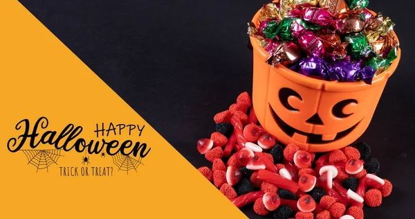 Digital Composite Happy Halloween Bucket Full Candies Black Background Culture — Stock Photo, Image