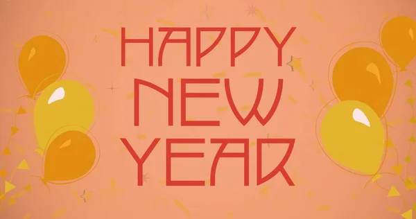 風船やピンクの背景にコンフェッティの中に赤で幸せな新年のテキストのデジタル複合体 お祝いパーティーやシンボル — ストック写真