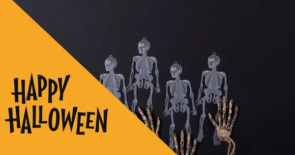 Immagine Digitale Composita Felice Testo Halloween Decorazioni Scheletro Sfondo Nero — Foto Stock