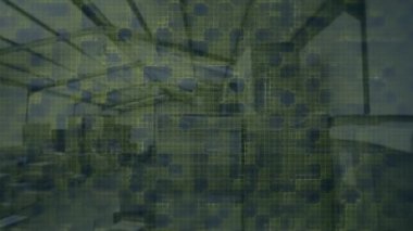 Depodaki sarı karelerin animasyonu. küresel iş, ticaret, lojistik ve teknoloji konsepti dijital olarak oluşturulmuş video.