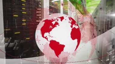 Sunucu odasında dünya ve veri işleme animasyonu. teknoloji, bağlantılar ve dijital arayüz kavramı dijital olarak oluşturulmuş video.