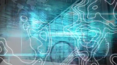 Çeşitli veri işleme üzerinde izohipnoz animasyonları ve büyüteçle el. küresel teknoloji, bilgisayarlar ve dijital arayüz konsepti dijital olarak oluşturulmuş video.