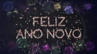Havai fişekler üzerine yeni yıl mesajı animasyonu. Yeni yıl partisi, gelenek ve kutlama konsepti dijital olarak oluşturuldu.