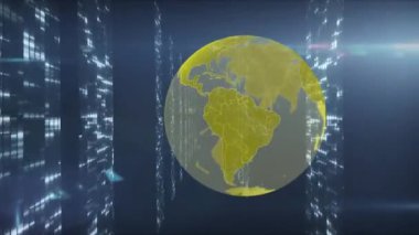 Mavi arka planda ışık noktaları ve küre animasyonu. teknoloji, bağlantılar ve dijital arayüz kavramı dijital olarak oluşturulmuş video.