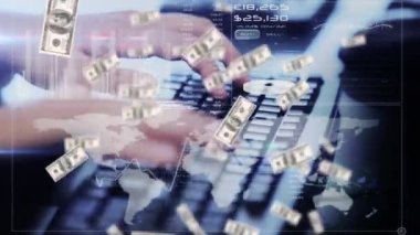 Amerikan doları banknotlarının animasyonu veri işleme ve klavyede yazan kadının üzerine düşüyor. küresel iş ve finans kavramı dijital olarak oluşturulan video.