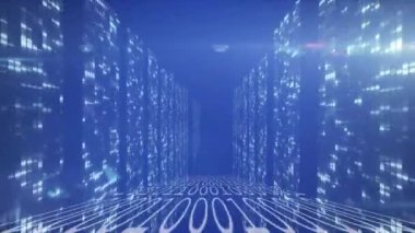 Mavi arkaplanda ışık noktaları ve ikili kodlama animasyonu. teknoloji, bağlantılar ve dijital arayüz kavramı dijital olarak oluşturulmuş video.