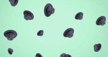 Yeşil arka planda düşen yeşil şapkaların animasyonu. moda tasarımı ve giyim konsepti dijital olarak oluşturulmuş video.