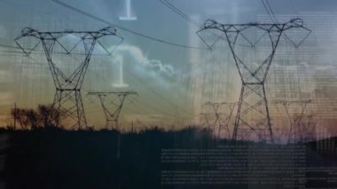 Veri işleme ve peyzaj üzerinde elektrik direkleriyle ikili kodlama animasyonu. küresel bağlantılar, teknoloji, veri işleme ve dijital arayüz konsepti dijital olarak oluşturulmuş video.