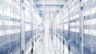 Sunucu odasının üzerindeki beyaz ve ışık izlerinin canlandırması. teknoloji, bağlantılar ve dijital arayüz kavramı dijital olarak oluşturulmuş video.