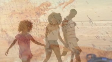 Sahilde yürüyen mutlu Afro-Amerikan aile animasyonu. boş zaman, tatil ve aile hayatı konsepti dijital olarak oluşturulmuş video.