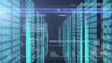 Siyah arkaplan üzerindeki ekranlardaki veri işleme tünelinin animasyonu. küresel bilgisayarlar, teknoloji, veri işleme ve dijital arayüz kavramı dijital olarak oluşturulmuş video.