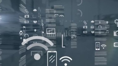 Depodaki çeşitli veri ve grafiklerin animasyonu. küresel iş, ticaret, lojistik ve teknoloji konsepti dijital olarak oluşturulmuş video.