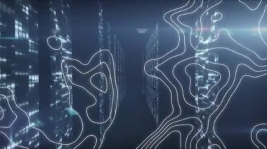 Mavi arka planda şekillerin ve ışık noktalarının canlandırılması. teknoloji, bağlantılar ve dijital arayüz kavramı dijital olarak oluşturulmuş video.