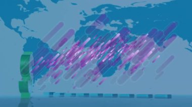 Dolar işareti, grafik ve dünya haritası üzerinde mor çizgilerin animasyonu. küresel iş, veri işleme ve dijital arayüz kavramı dijital olarak oluşturulmuş video.