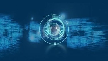 Hareket eden saat ve dürbünün veri işleme üzerinde taranması. küresel iş, veri işleme ve dijital arayüz kavramı dijital olarak oluşturulmuş video.