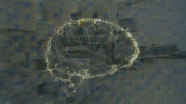 Depoda beyin ve sarı karelerin animasyonu. küresel iş, ticaret, lojistik ve teknoloji konsepti dijital olarak oluşturulmuş video.