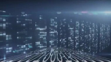 Mavi arkaplanda ışık noktaları ve ikili kodlama animasyonu. teknoloji, bağlantılar ve dijital arayüz kavramı dijital olarak oluşturulmuş video.