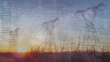 Veri işleme ve peyzaj üzerinde elektrik direkleriyle ikili kodlama animasyonu. küresel bağlantılar, teknoloji, veri işleme ve dijital arayüz konsepti dijital olarak oluşturulmuş video.