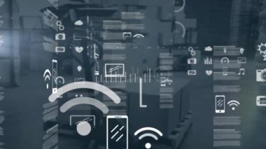 Depodaki çeşitli veri ve grafiklerin animasyonu. küresel iş, ticaret, lojistik ve teknoloji konsepti dijital olarak oluşturulmuş video.