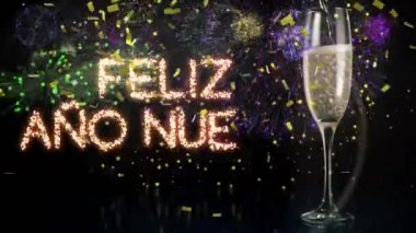 Havai fişekler ve arka planda bir bardak şampanya eşliğinde yeni yıl kutlamalarının animasyonu. Yeni yıl, yeni yıl partisi, şenlik ve kutlama konsepti dijital olarak oluşturuldu.