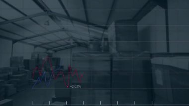 Depo üzerinden finansal verilerin animasyonu. küresel iş, ticaret, lojistik ve teknoloji konsepti dijital olarak oluşturulmuş video.