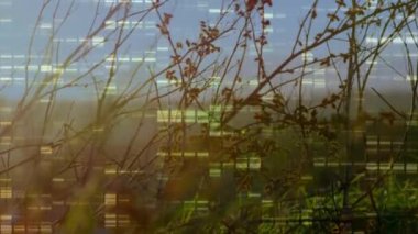 Manzara üzerinde elektrik direkleriyle hareket eden kolonların animasyonu. küresel bağlantılar, teknoloji, veri işleme ve dijital arayüz konsepti dijital olarak oluşturulmuş video.