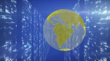 Mavi arka planda ışık noktaları ve küre animasyonu. teknoloji, bağlantılar ve dijital arayüz kavramı dijital olarak oluşturulmuş video.