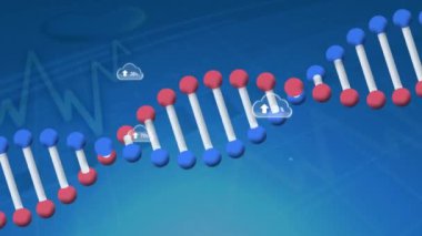 Grafik ve DNA iplikçiklerinin üzerinde artan sayıdaki bulutların animasyonu. küresel iş, veri işleme ve dijital arayüz kavramı dijital olarak oluşturulmuş video.
