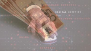 Fare ve euro banknotları kullanılarak numaraların değiştirilmesi ve virüs alarmı verildi. küresel finans güvenliği konsepti dijital olarak oluşturulmuş video.