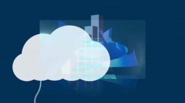 Simgeli bulutların animasyonu ve veri işleme üzerinde oklar olan grafikler. küresel iş, veri işleme ve dijital arayüz kavramı dijital olarak oluşturulmuş video.