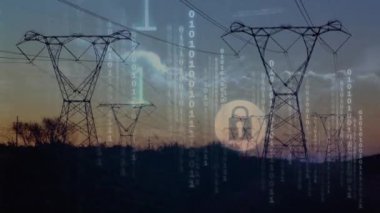 Veri işleme ve peyzaj üzerinde elektrik direkleriyle ikili kodlama animasyonu. küresel bağlantılar, teknoloji, veri işleme ve dijital arayüz konsepti dijital olarak oluşturulmuş video.