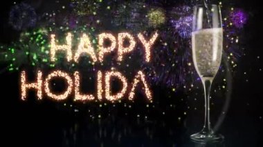 Havai fişekler ve arka planda bir bardak şampanya eşliğinde yeni yıl kutlamalarının animasyonu. Yeni yıl, yeni yıl partisi, şenlik ve kutlama konsepti dijital olarak oluşturuldu.