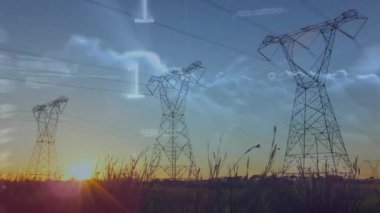 Veri işleme ve peyzaj üzerinde elektrik direkleriyle ikili kodlama animasyonu. küresel bağlantılar, teknoloji, veri işleme ve dijital arayüz konsepti dijital olarak oluşturulmuş video.