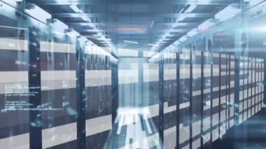 Sunucu odasında veri işleme animasyonu. küresel bilgisayarlar, teknoloji, veri işleme ve dijital arayüz kavramı dijital olarak oluşturulmuş video.