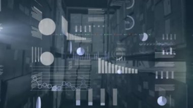 Depodaki çeşitli veri ve grafiklerin animasyonu. küresel iş, ticaret, lojistik ve teknoloji konsepti dijital olarak oluşturulmuş video.