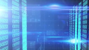 Veri işleme ve mavi arkaplan üzerindeki ışıkların animasyonu. küresel bilgisayarlar, teknoloji, veri işleme ve dijital arayüz kavramı dijital olarak oluşturulmuş video.