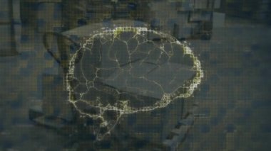 Depoda beyin ve sarı karelerin animasyonu. küresel iş, ticaret, lojistik ve teknoloji konsepti dijital olarak oluşturulmuş video.