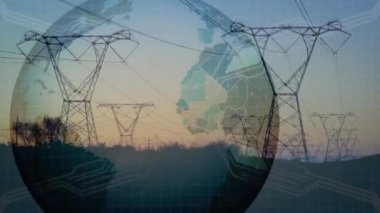 Elektrik direkleri ile dünyanın yeryüzü üzerindeki animasyonu. küresel bağlantılar, teknoloji, veri işleme ve dijital arayüz konsepti dijital olarak oluşturulmuş video.