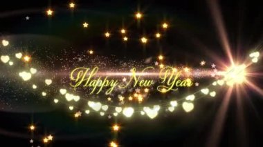Mutlu bayramlar metni ve siyah arka planda noel ışıklarının canlandırılması. Yeni yıl, Noel, gelenek ve dijital olarak üretilen kutlama konsepti.