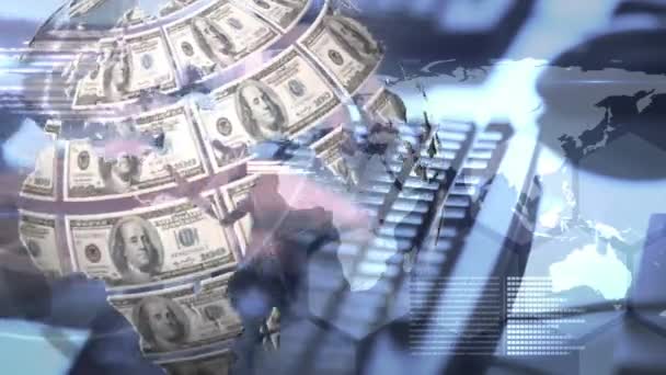 Animación Billetes Dólares Americanos Que Caen Sobre Globo Estadísticas Concepto — Vídeo de stock