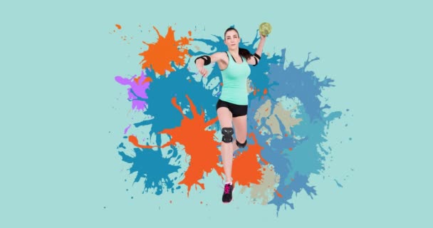 Animation Einer Kaukasischen Handballerin Die Ball Über Bunte Flecken Wirft — Stockvideo